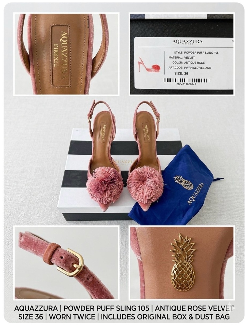 Aquazzura Antique Rose Velvet Powder Puff Sling Heels EU36 US6 Like New.